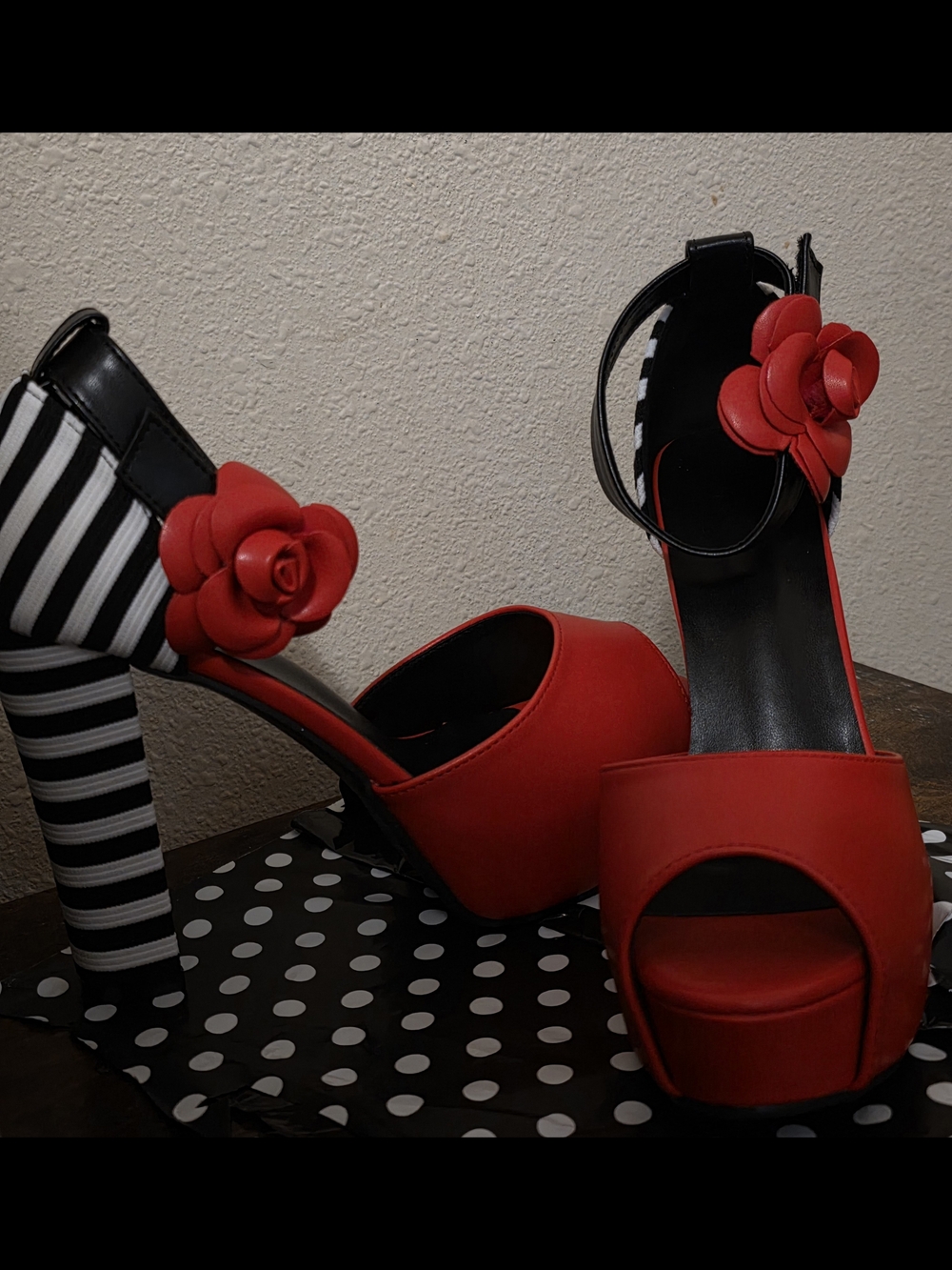 Red Floral Strap Platform Heels for Women